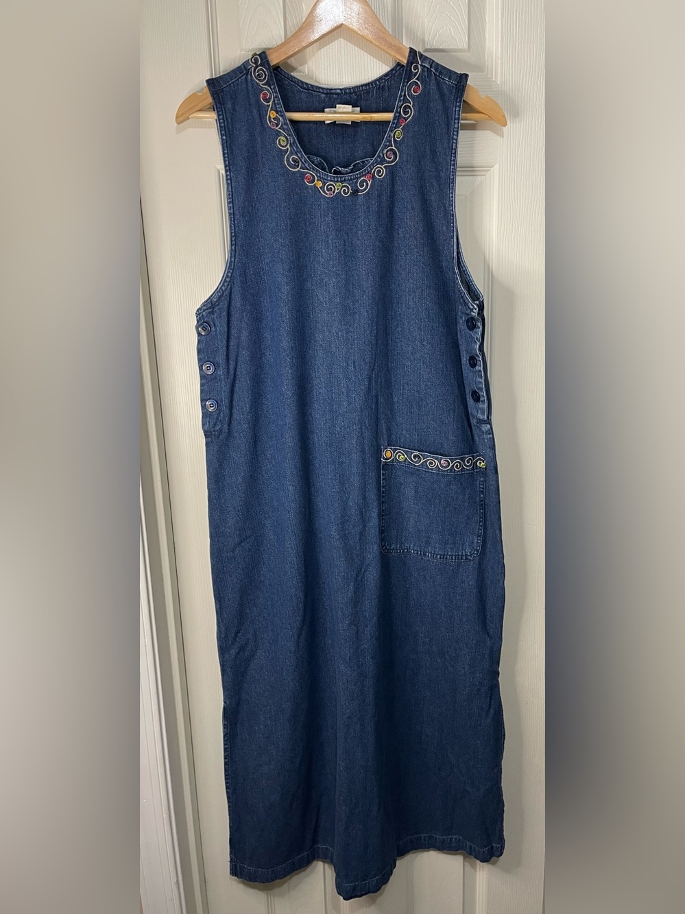 Denim Y2K Vintage Embroidered Colorful Button Jumper Chore Pocket Dress size Med - Picture 1 of 6